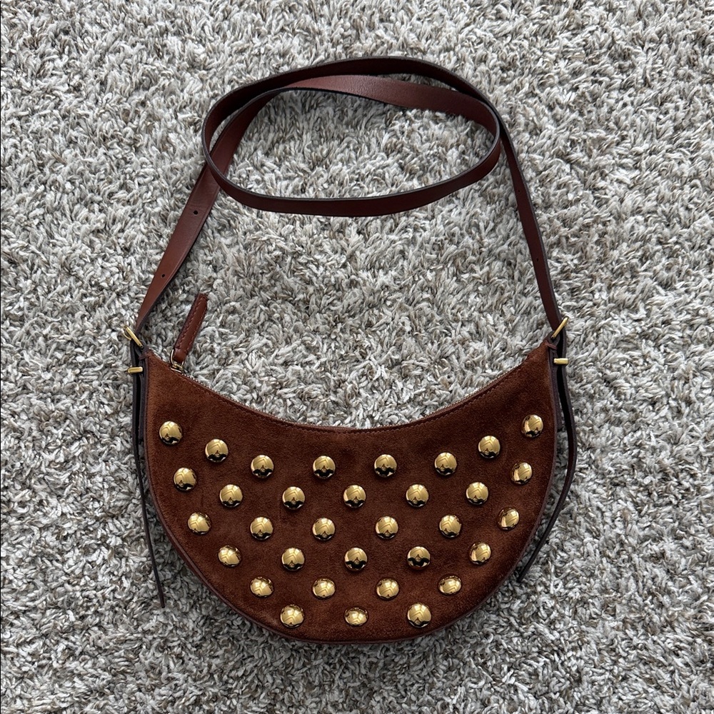 Madewell Brown Suede Crescent Crossbody with Gold Studs